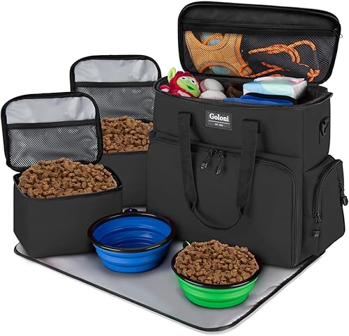 Goloni Bolsa de viaje para perros aprobada por aerolíneas, gran capacidad para accesorios para mascotas, con 2 cuencos plegables para perros, 2