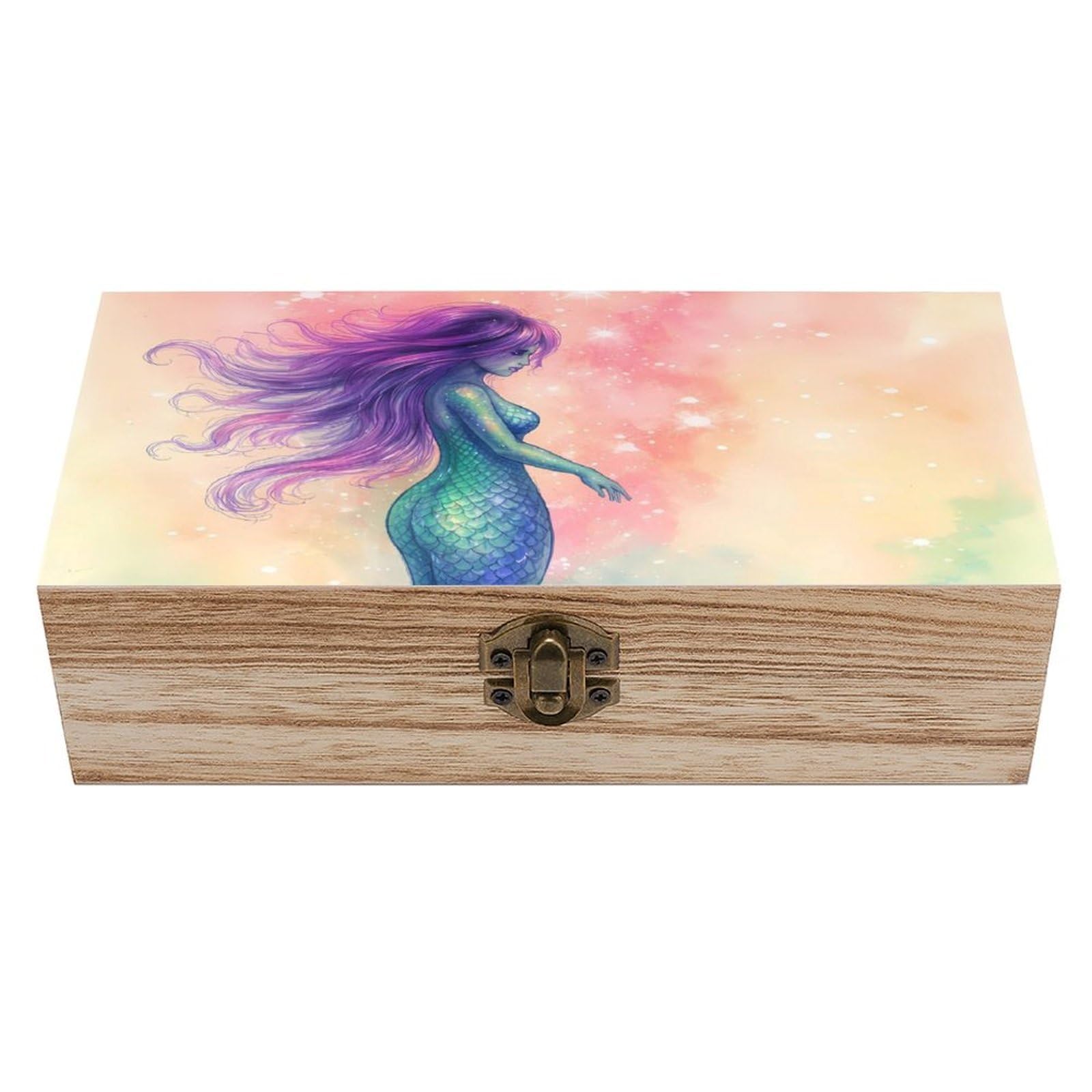 HLBSDM Blue Glitter Mermaid Scales Wooden Storage Box