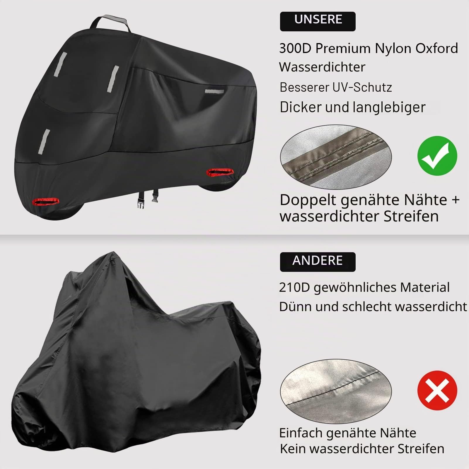 Motorrad Abdeckplane Wasserdicht 300D Motorradabdeckung Outdoor Roller Plane Wasserdicht Moped Garage mit 5 Reflektionsstreifen und 2 Schlossloch, 2 Winddichte Schnalle und 1 Tasche (XL: 210x95x125cm)