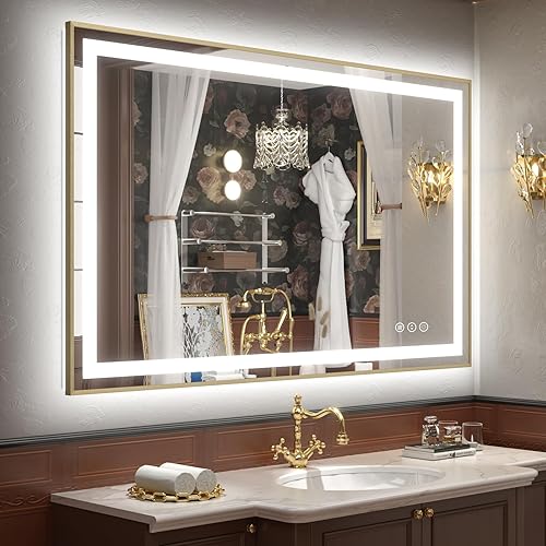 Miniatura 49 de OKPAL 50x30 Espejo de baño LED con marco negro, espejo iluminado para tocador de baño, iluminación frontal y trasera, regulable, antivaho, 3 Negro