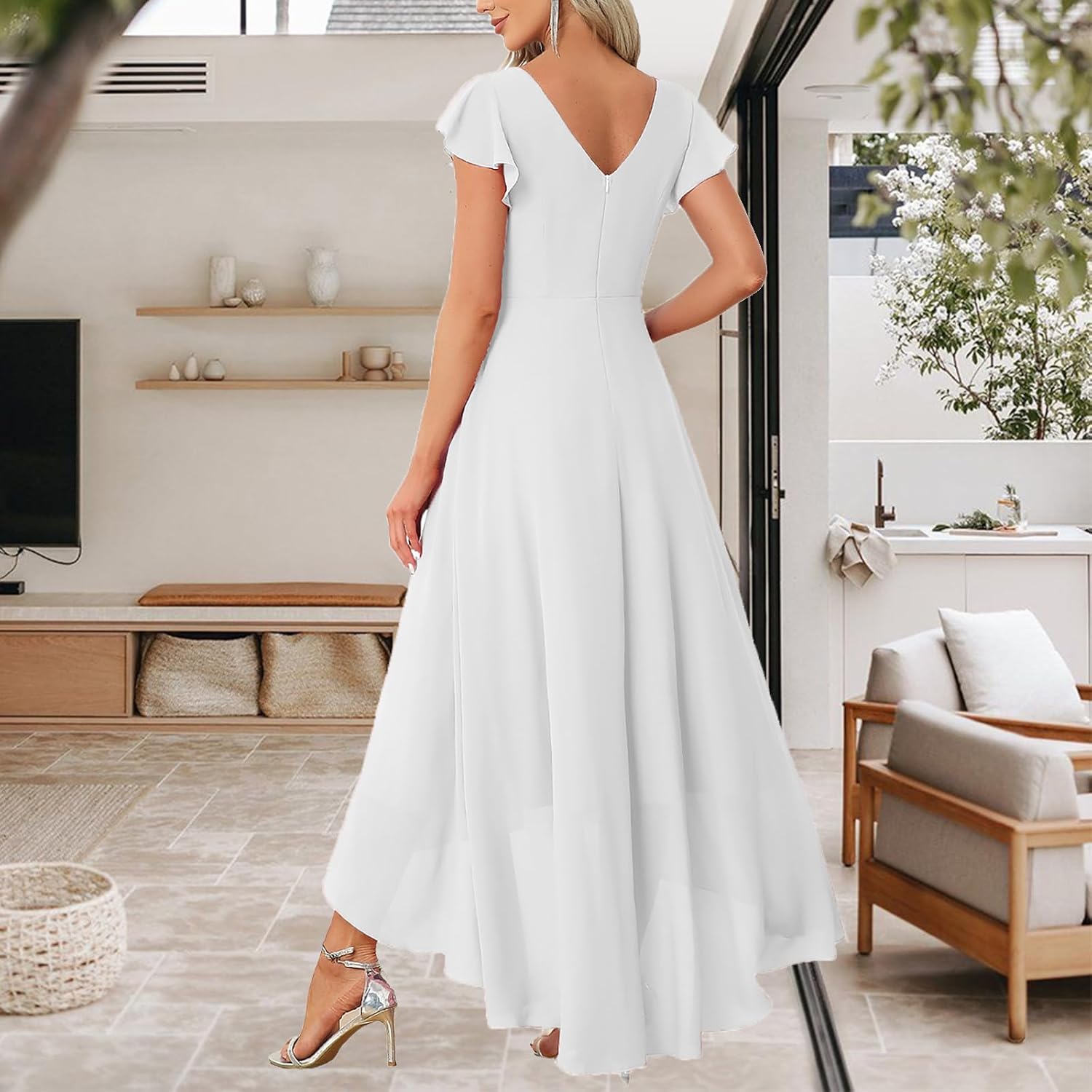 FairyLove Women Wedding Ruffle Dresses Flowy Puffy with Deep V Neck Pleated Hem Lantern Long Sleeve Bell Sleeves - Image 5