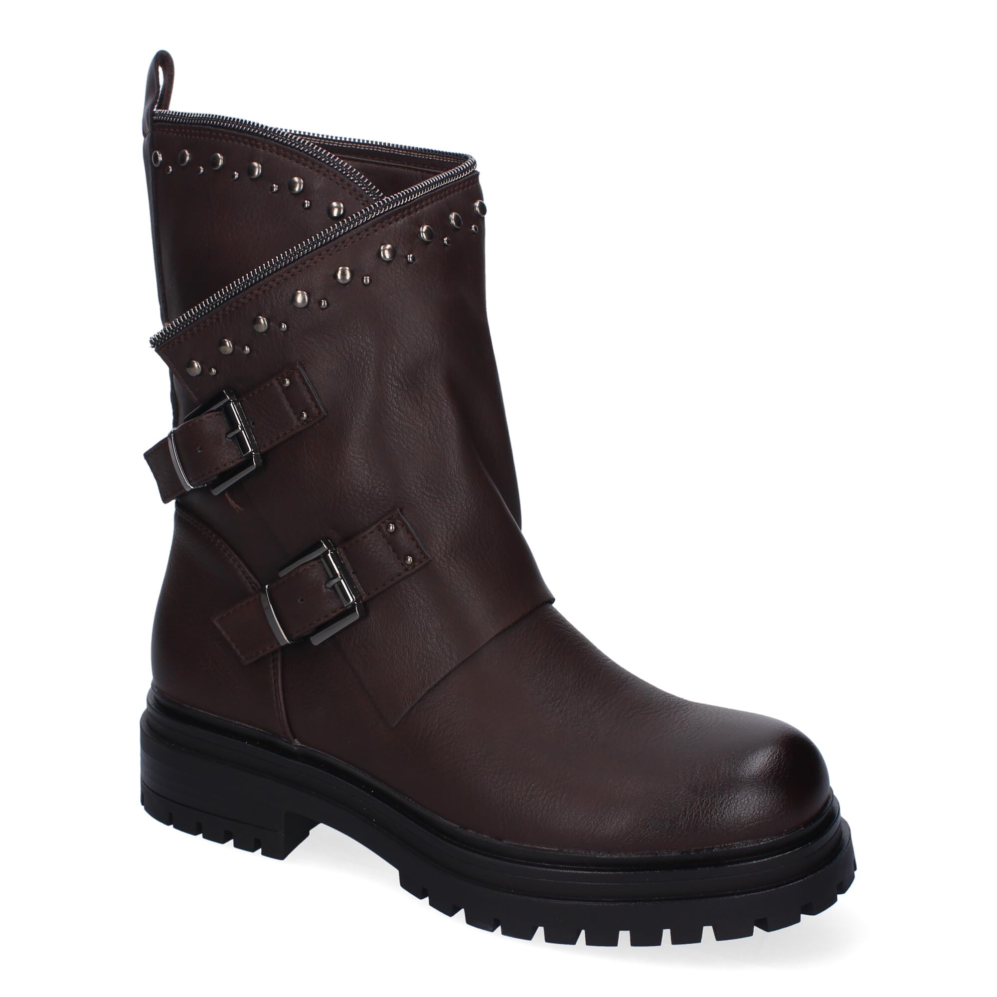 Botas de Mujer con Tachuelas, Estilo Motero, Suela Dentada, Diseno Moderno, Adorno de Cremallera en la Cana y Hebillas Decorativas, Cierre de Cremallera.
