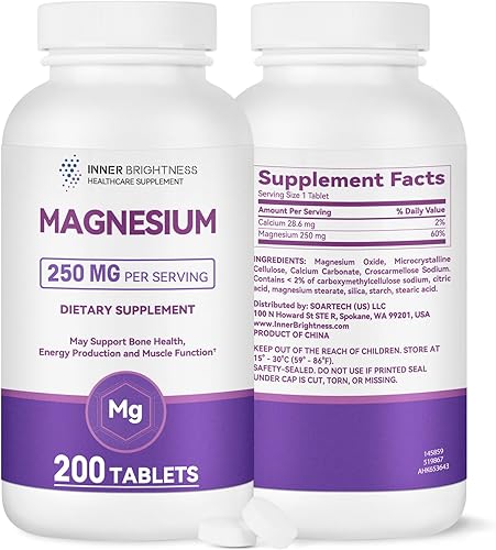 Suplemento de magnesio óxido de magnesio de 250 mg, suplemento de calcio y magnesio para huesos, músculos, apoyo al estado de ánimo tranquilo y al