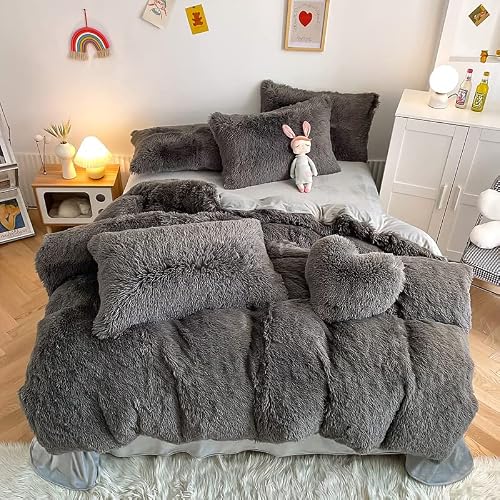 chovy Faux Fur Plush Gray Comforter Cover Duvet Cover Queen - 3PC Bed Set Ultra Soft Shaggy Flannel Velvet Fluffy Fuzzy Beddingï¼ˆDuvet Cover x 1 Pillowcases x 2ï¼‰