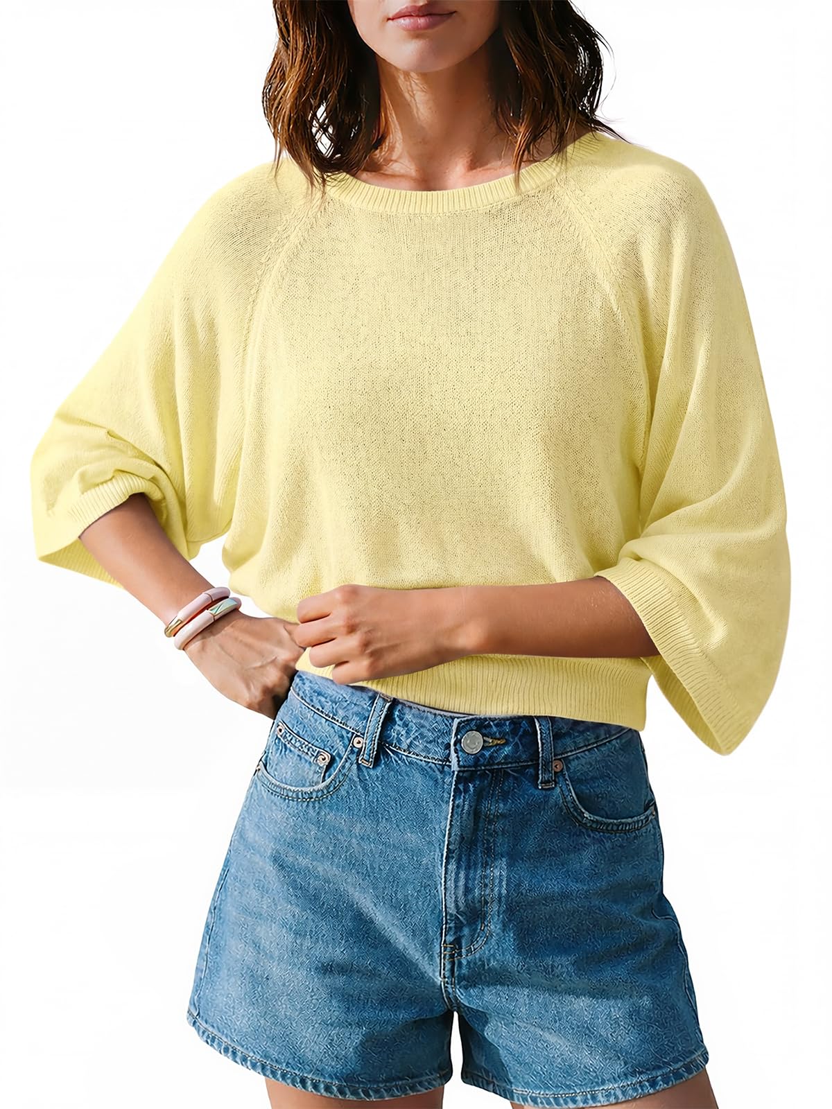 saodimallsu Womens 3/4 Sleeve Sweater Tops Summer Lightweight Knit Crew Neck Casual Loose Batwing Pullover Top-picture-36