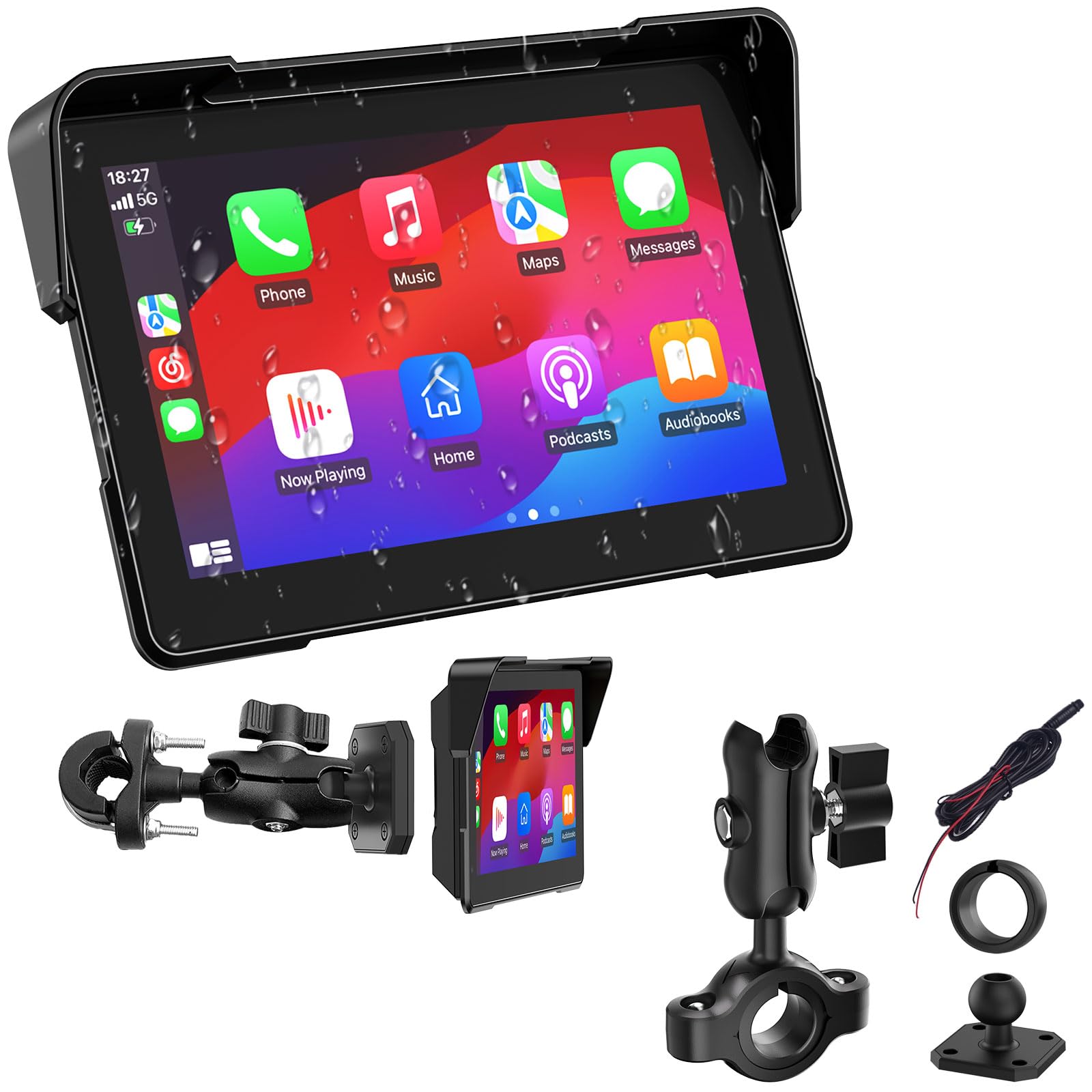 YZW MT700 7 Inch Wireless Motorcycle Carplay GPS Navigation System with Apple Carplay and Android Auto, YZW MT600 / MT700 Motorcycle Holder Kit, Anti-Theft Design Quick-Release Magnetic Mount, Power