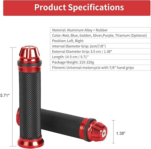 Miniatura 5 de Agarres universales de motocicleta CNC de goma de aluminio para manillar de motocicleta para manillar de 78 pulgadas (rojo)