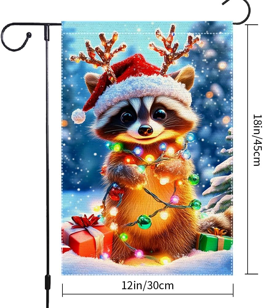 Christmas Garden Flag 12x18 Inch Double Sided Burlap Raccoon with Santa Hat and Lights Cute Winter Outdoor Yard Decoration for Holiday Porch Lawn Farmhouse Decor - Image 3