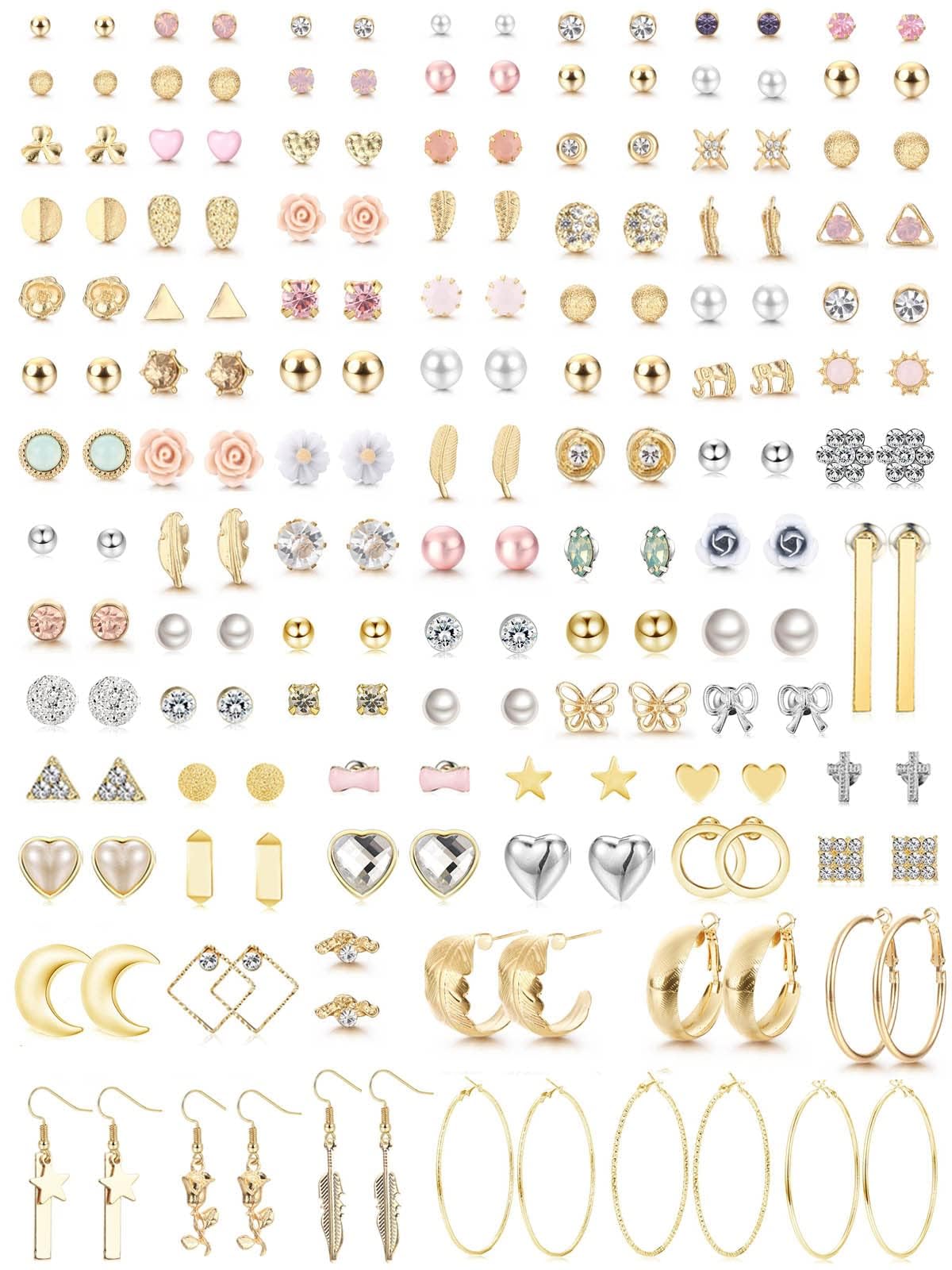 Diamday92 Pares Pendientes de oro Multipack para Mujeres Niñas, Hipoalergénico Pendientes Set Múltiples Piercings, CZ Perla Mariposa Geométrica Pendientes Studs