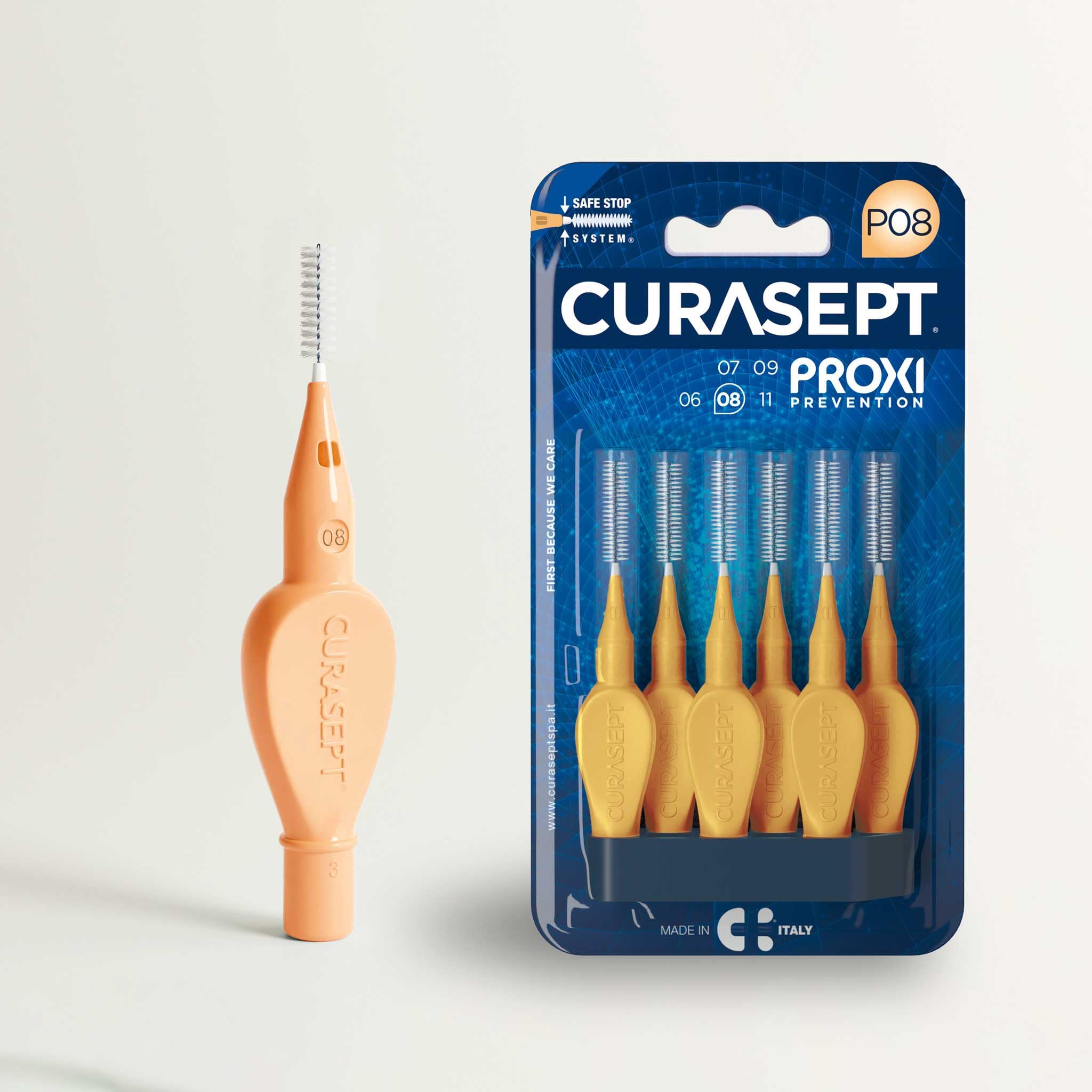 CURASEPT Scovolini Dentali Originali | Spazzolini interdentali Proxi P08 (filo 0,8 mm) | Arancio| Pulizia Profonda della Placca | Setole Nylon Ultra-flesse, Manico Ergonomico | 6 pz x confezione