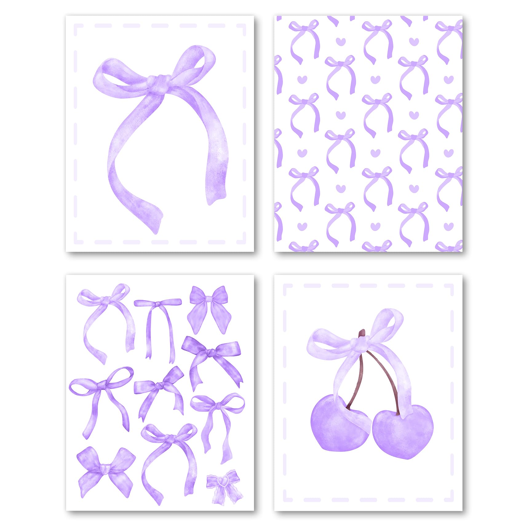 Hxlac Purple Bow Coquette Wall Art Prints Set of 4 Unframed - Purple Preppy Wall Decor, Coquette Preppy Aesthetic Bow Cherry Teen Girl Dorm Room Decor