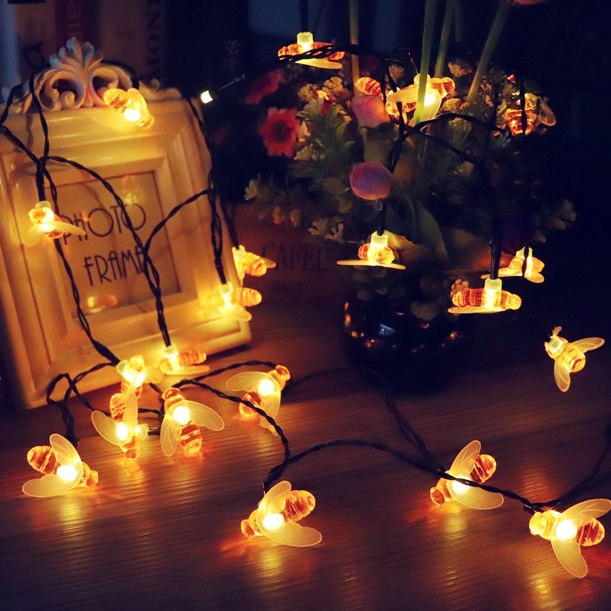 [2 Pack] Solar Powered String Lights, 30 Cute Honeybee LED Lights, 15FT 8 Modes Starry Lights, Waterproof IP65 Fairy Decorative Lights for Outdoor Gardens Homes Wedding Patio Party (Warm White)