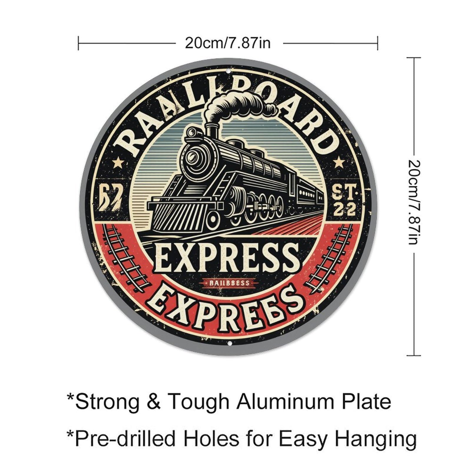 Railroad Express Train Emblem Design Round Tin Sign Retro Metal Sign for Cafe Bar Pub Home Game Room Gym Club Wall Decoration Vintage Metal Poster 8x8 Inch