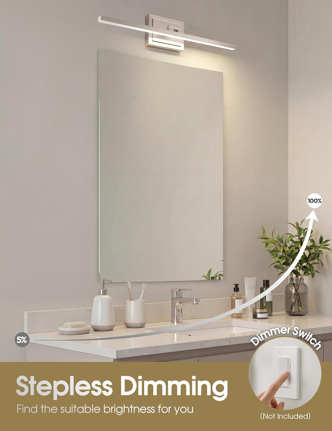 VOLISUN Modern Bathroom Vanity Light 24 inch, Rotatable, 14W Dimmable 5CCT Led Bathroom Light Fixture Over Mirror, Brushed Nickel Bar Vanity Light for Bathroom Mirror Restroom-ETL Certificated image 3
