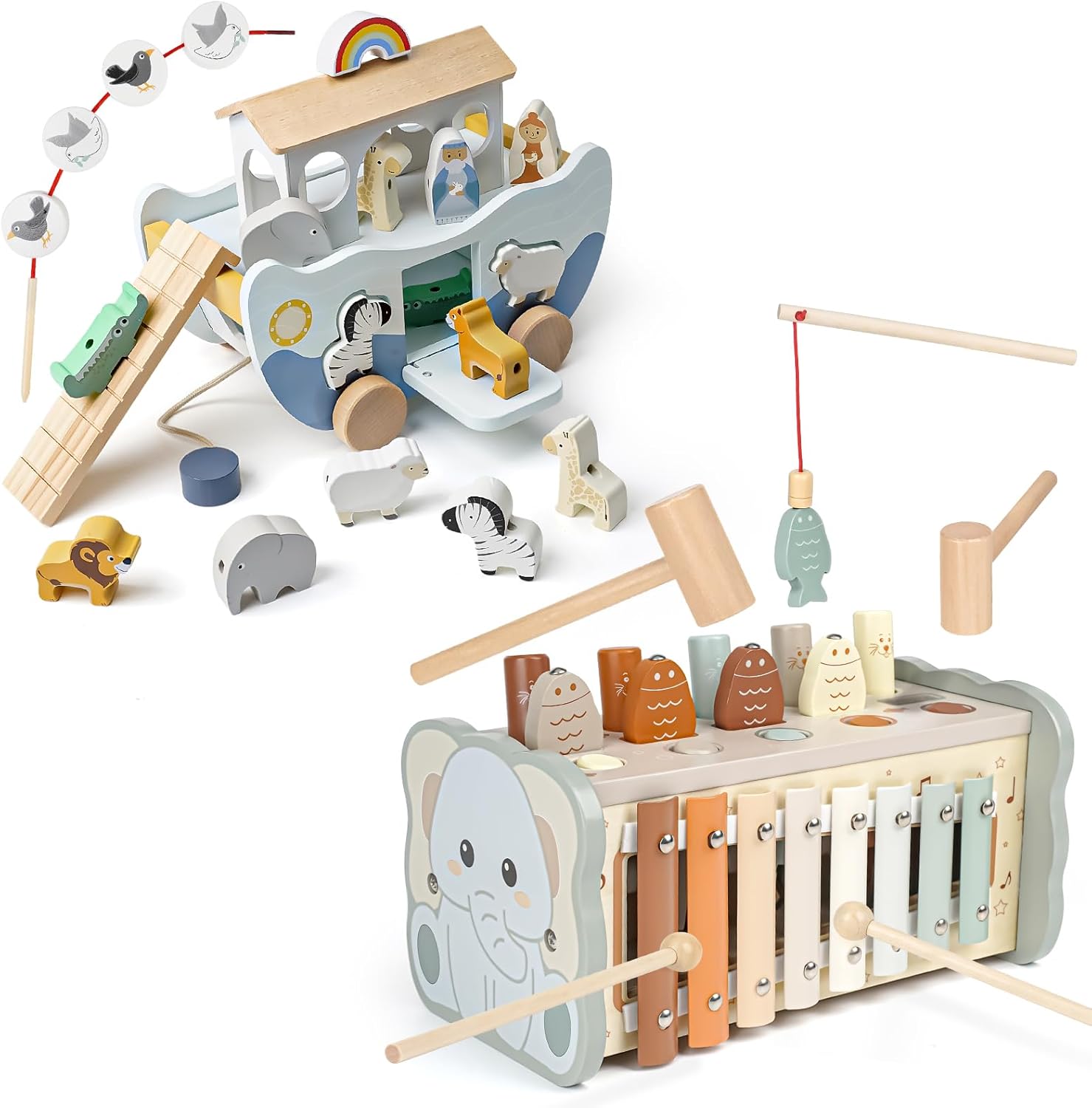Joyreal Wooden Montessori Toys for 1 Year Old - Neutral Color Noah's Ark Toy and Hammering Pounding Toy - Christmas Birthday Gifts for 1-3 Year Old Toddler