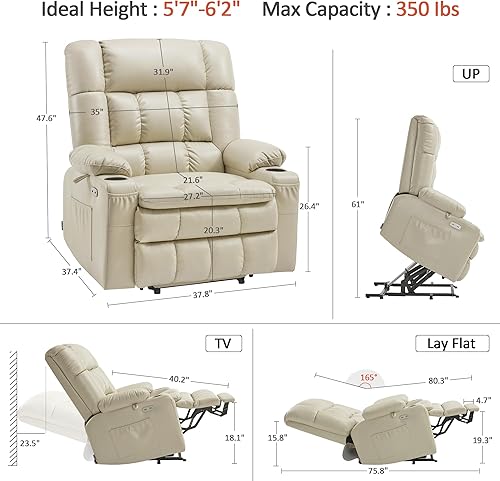 Miniatura 20 de MCombo Silla reclinable eléctrica de doble motor para personas mayores, silla elevadora plana con calor y masaje, portavasos, puertos USB, piel