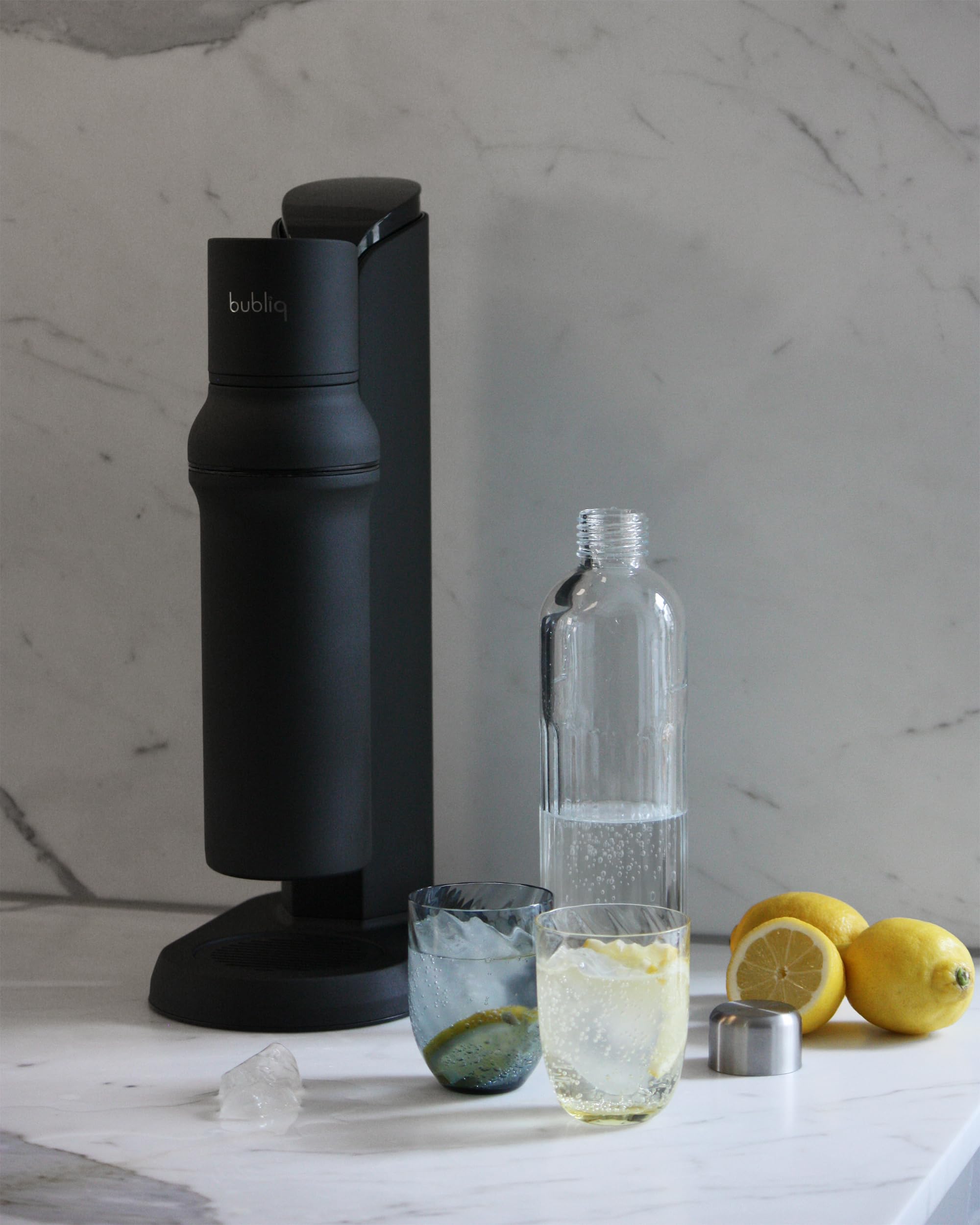 bubliq glass carbonator, Wassersprudler aus Edelstahl mit 1 l Glasflasche, minimalistisches Design, Mattschwarz Finish