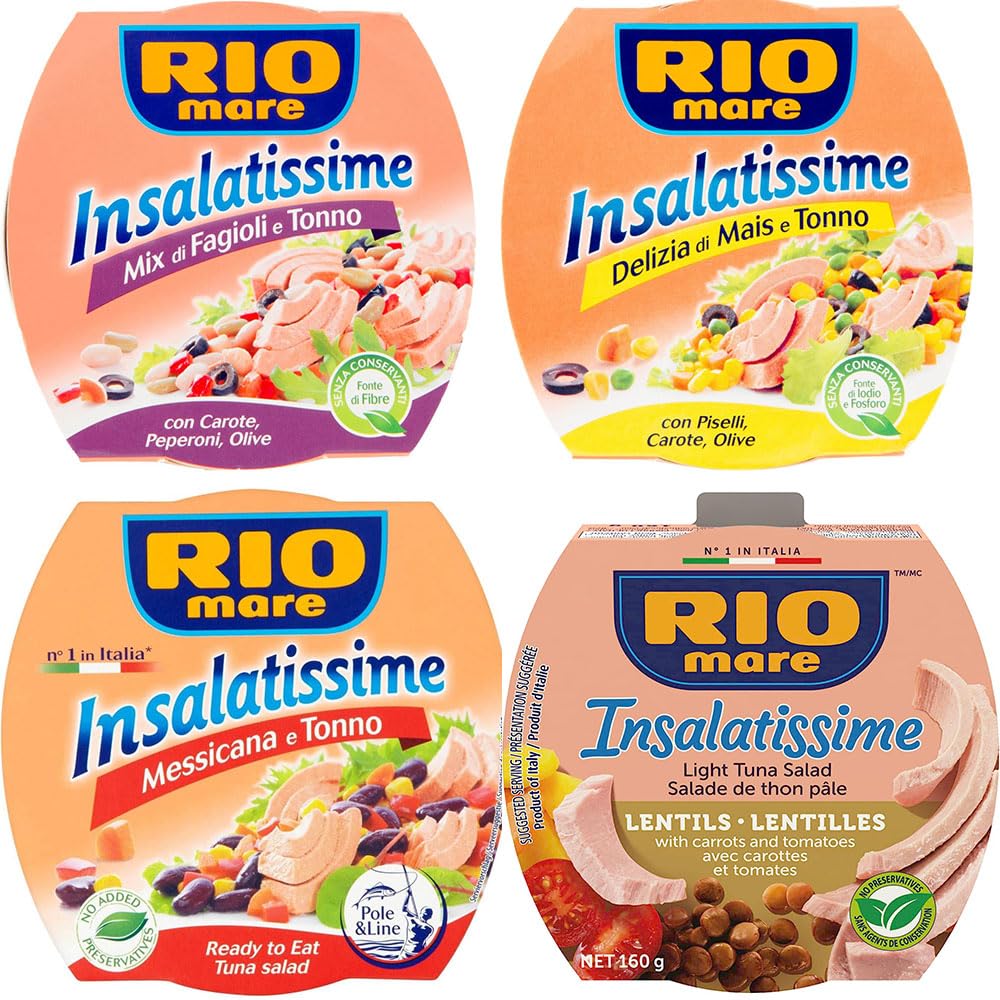 Insalatissime RioMare, Varietà di 4 Gusti: Mais e Tonno, Fagioli e Tonno, Lenticchie e Tonno, Messicana e Tonno
