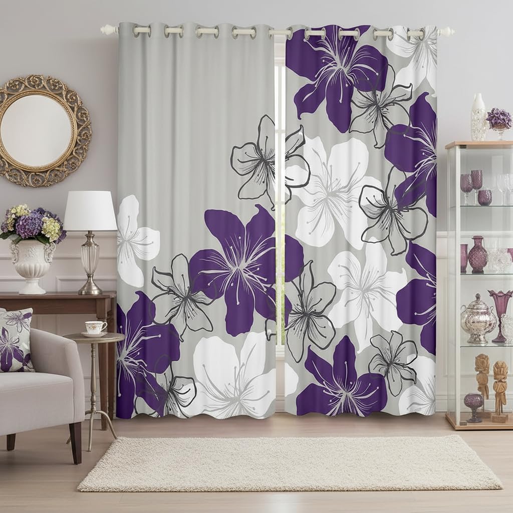 Castle Fairy Purple and White Flowers Blackout Window Curtains for Kids Girly,Modern Simple Floral Plant Soft Window Drapes,Abstract Geometric Patchwork Window Treatments Grommet Top 2 Panel Set