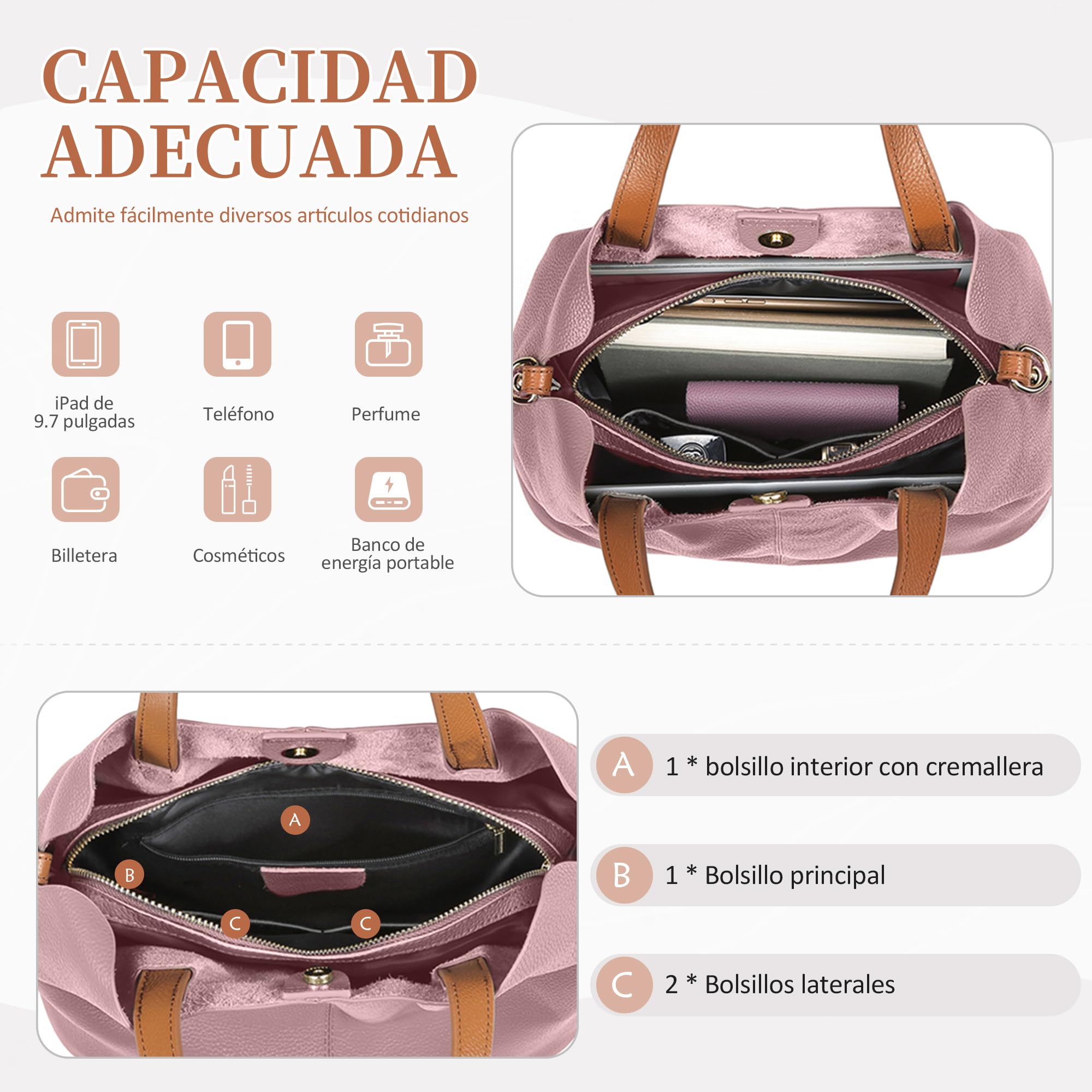DIRRONA Bolso Mujer de Piel Auténtica – Elegante Bolso de Mano y Hombro con Correa Ajustable, Bolso Tote Grande Ideal para Trabajo, Viajes, Compras y Uso Diario