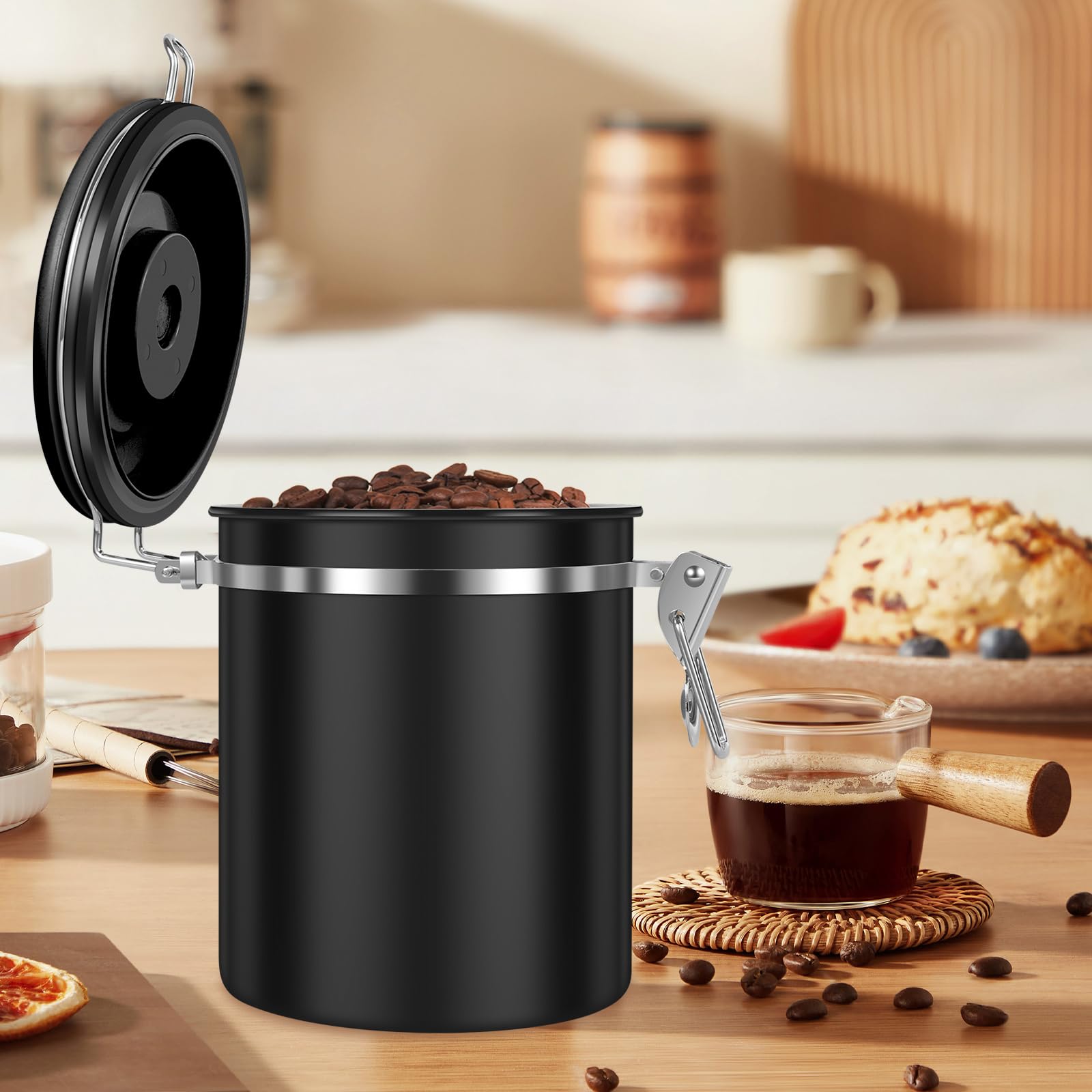 Kaffee-Vorratsdose, 1,5 l, doppelt, luftdicht, Kaffeebohnen-Behälter mit Datumsanzeige, 304 Edelstahl, Küchen-Lebensmittelbehälter mit Löffel für Tee, Zucker, 4 Stück