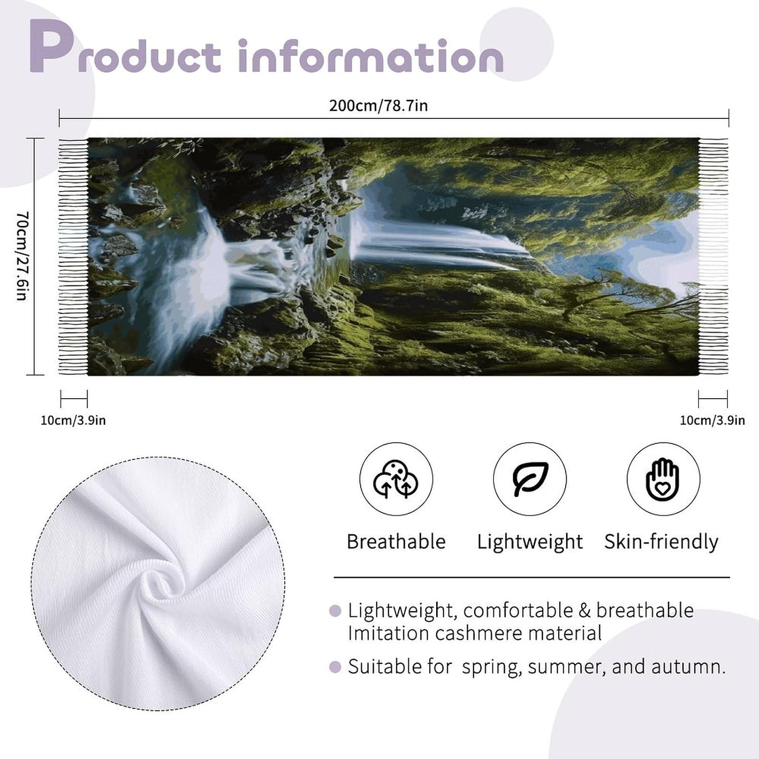 Waterfall Landscape Painting Scarf for Women Men Soft Warm Fashion Blanket Scarves Classic Cashmere Feel Scarf Long Shawl Large Scarves Cold Weather Thick Blanket Scarfs