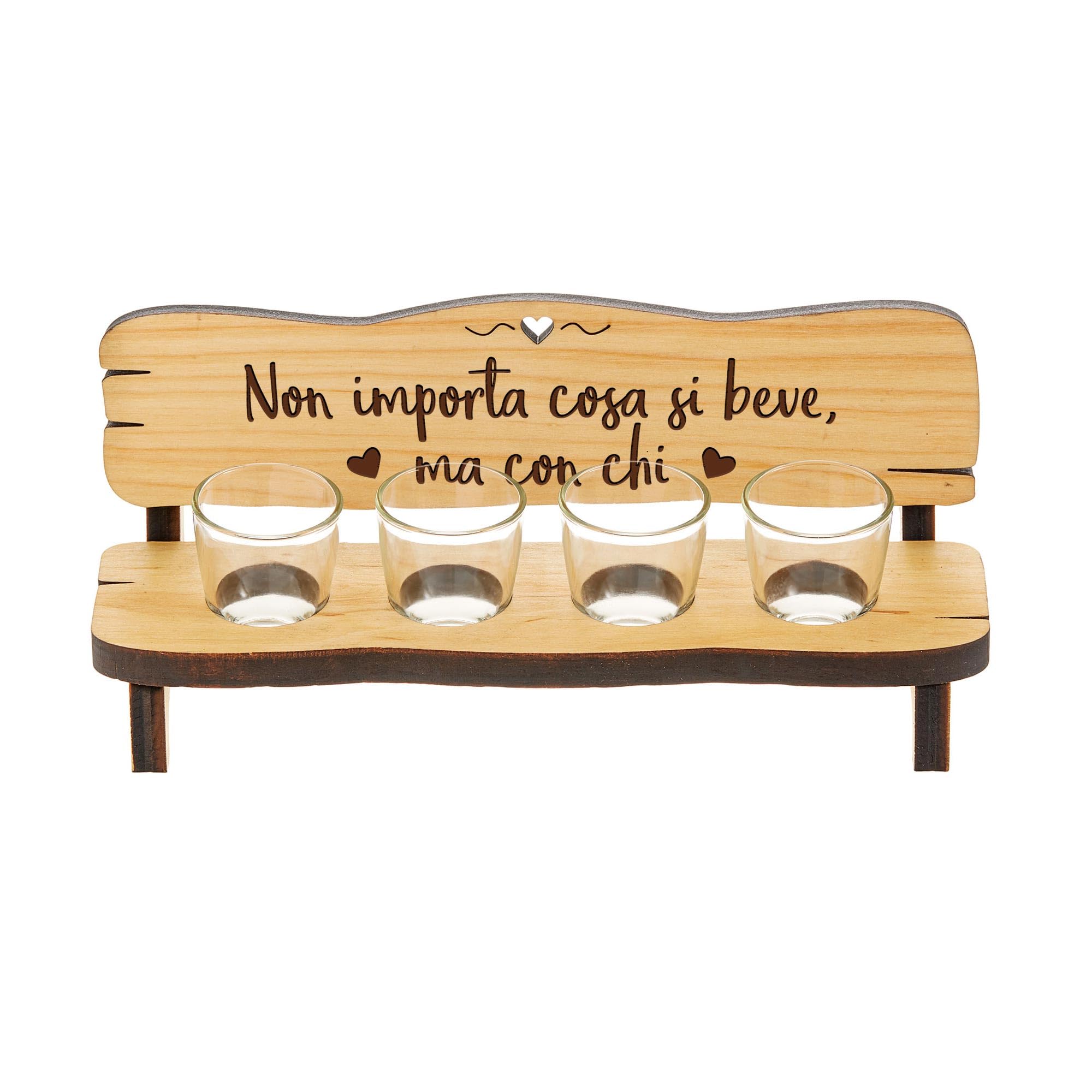 Casa Vivente Panchina per Shot in Legno con 4 Bicchierini in Vetro Inclusi, Incisione Non Importa Cosa Si Beve, Accessori Decorativi, Idea Regalo Originale per Anniversari, Matrimoni o Compleanni