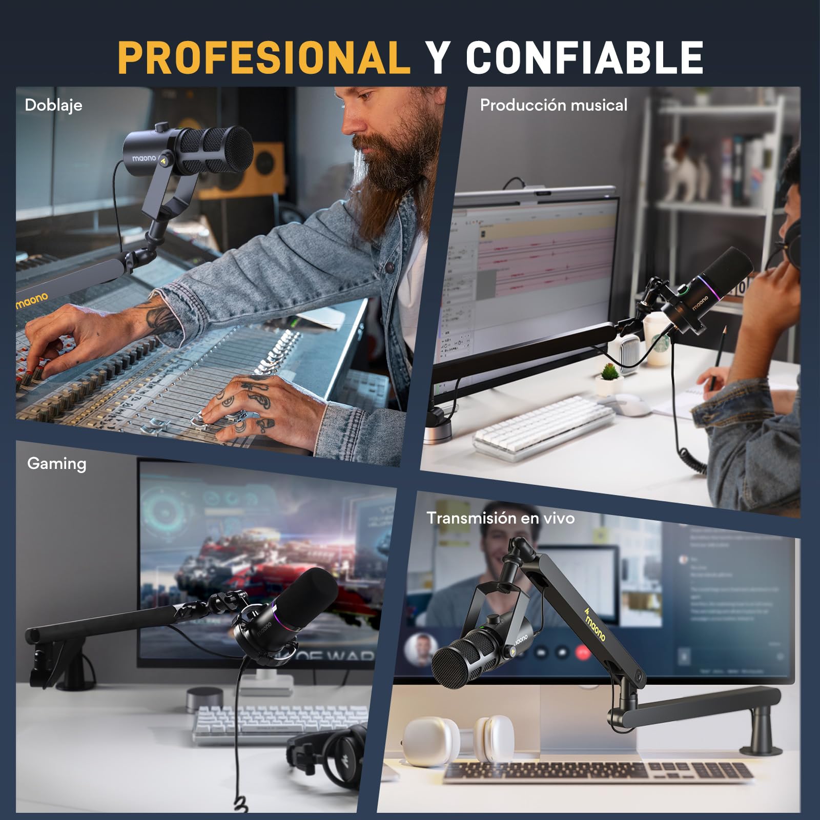 MAONO Brazo Micrófono BA92 Negro - Brazo plano con canal para cables, abrazadera de mesa, totalmente ajustable. Ideal para podcast, streaming y oficina en casa