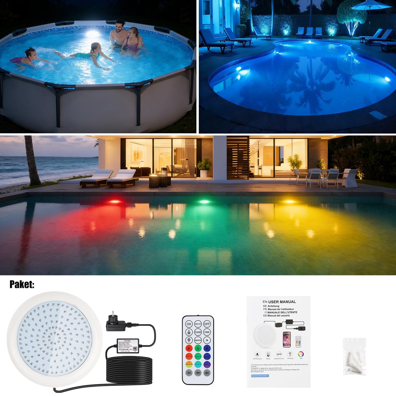 COOLWEST RGB LED Poolbeleuchtung, 24W Poolscheinwerfer mit Magnet, Pool Lichter Unterwasser mit APP-Kontrolle IP68 Wasserdicht für Stahlwandpools, Aufstellpool, Framepools, 7m Kabel, 12V, Dimmbar