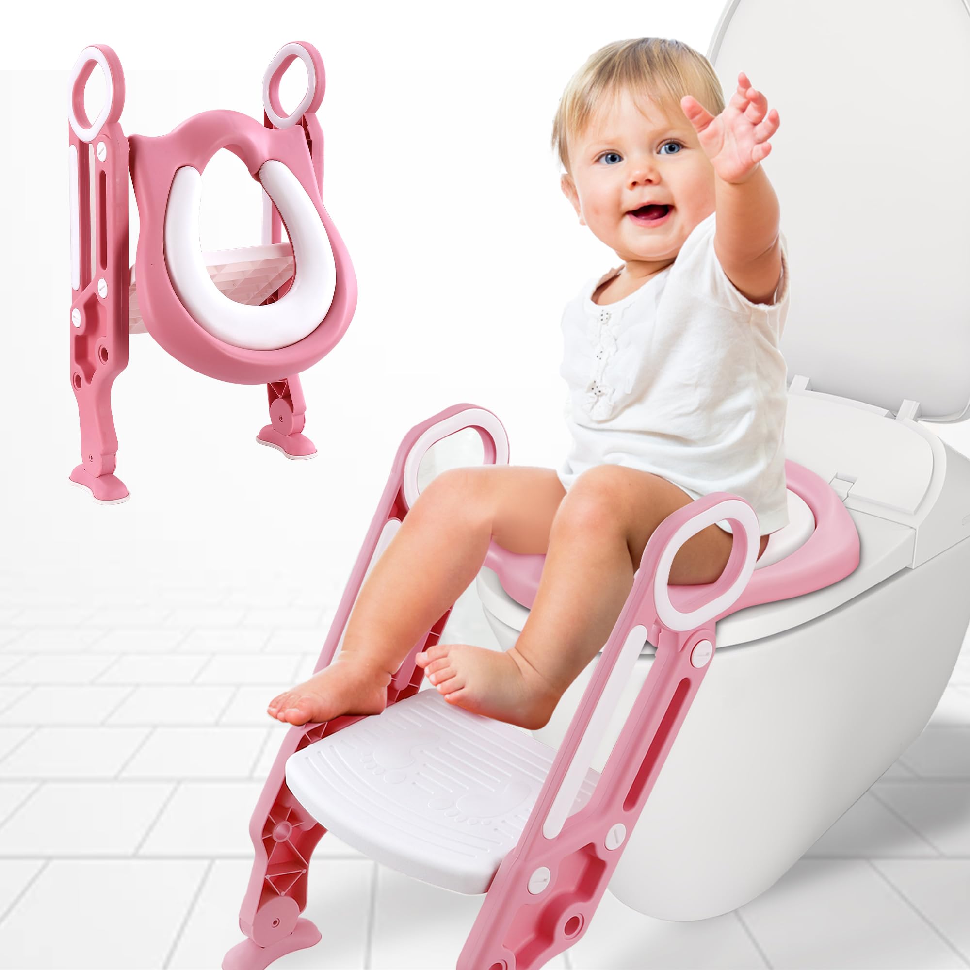 Albert Austin Training Toilet Step for Toddlers 1-7 Years Old - Anti-Slip Soft Cushion Seat with Step for Potty Training (Pink/White)