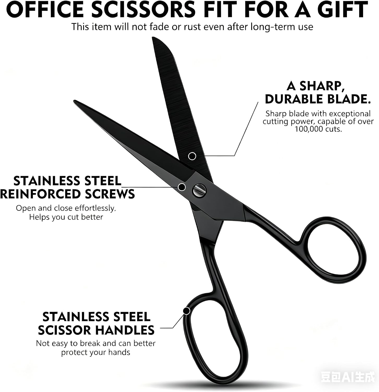 Black Scissors for Office Multipurpose Stylish: 7 inch - Comfort Grip - Stainless Steel - Scissors with Home - School - for Cutting Paper - Open Envelopes - Cut Tape (Scissors for Office)