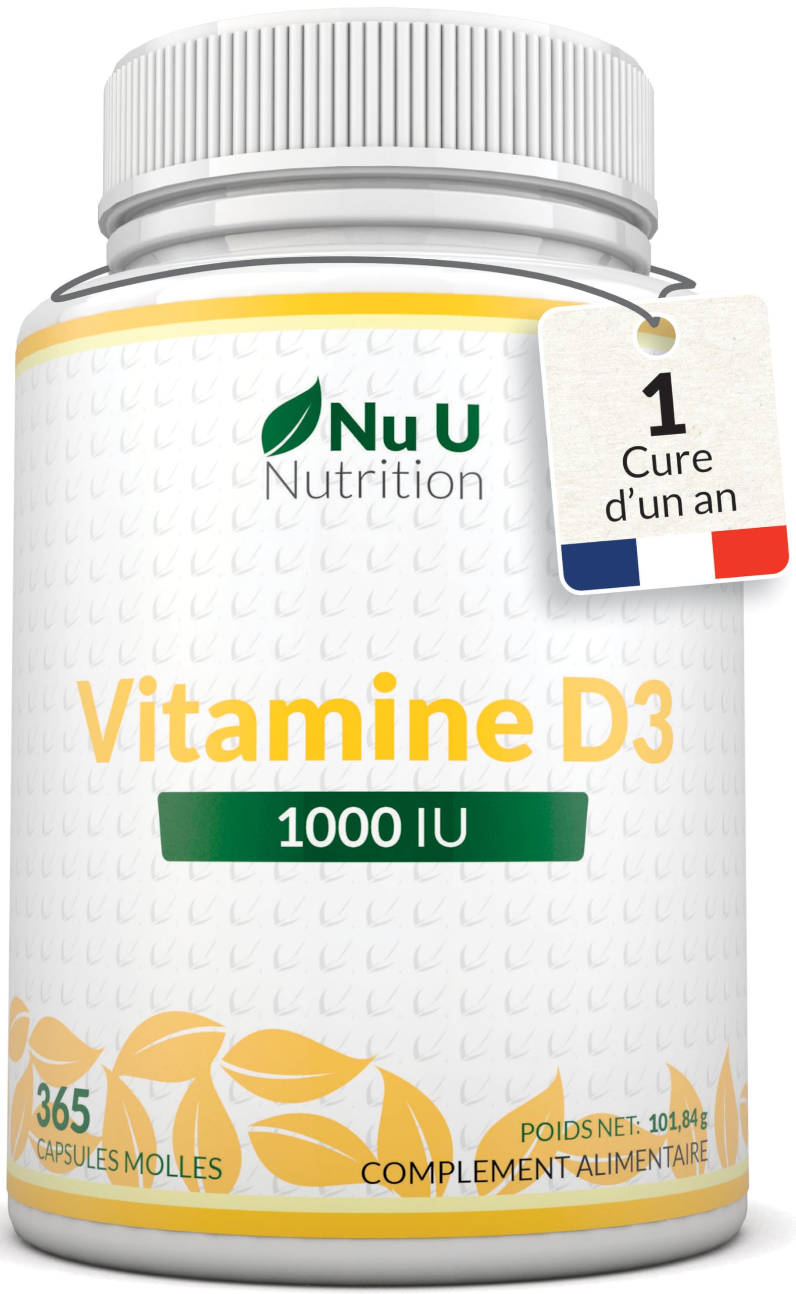 Vitamine D3 1000 UI - 365 Softgels (réserve 1 An) De Nu U Nutrition, Cholécalciférol, Neuf