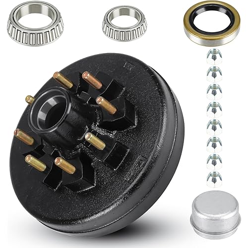 Trailer Brake Drum Kit, 8-Hole, 6.5" Bolt Circle Brake Drum for 7000 lb Axles, Replacement Brake Hub Drum Assembly for Rvs, Trailer and Semi Truck