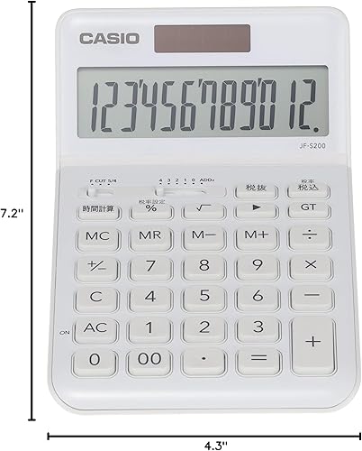 Vista 8 de Casio JF-S200-WE-N Stylish Calculator, White, Just Type, 12 Digit nvy