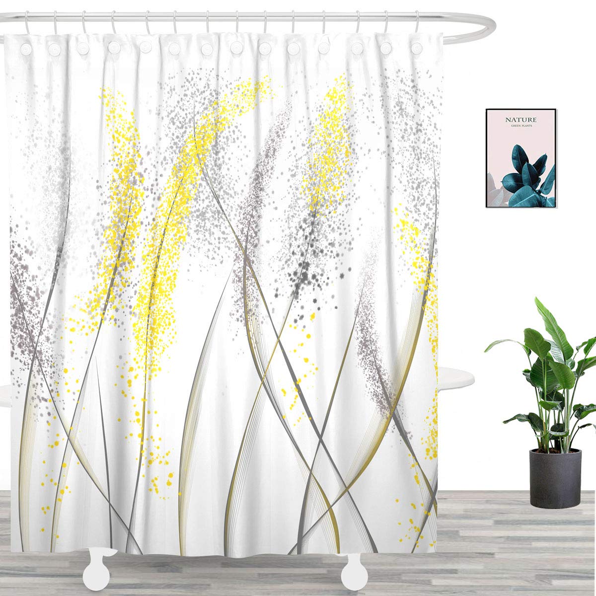UNIFEEL Unique Design Abstract Black and Yellow Plants Dandelion Fabric Shower Curtain, Mordern Art Curtain for Bathroom Décor Machine Washable 71" x 71", White