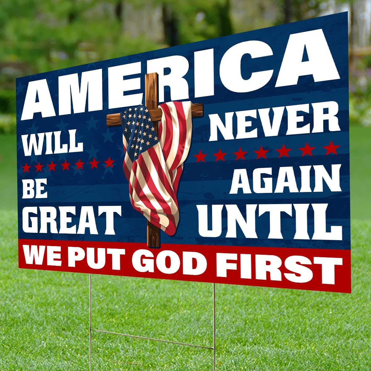 ThuhaTree Store Patriotic God America Flag Never Great Again Yard Sign, america flag patriotic outdoor yard decor, us flag patriotic outdoor sign