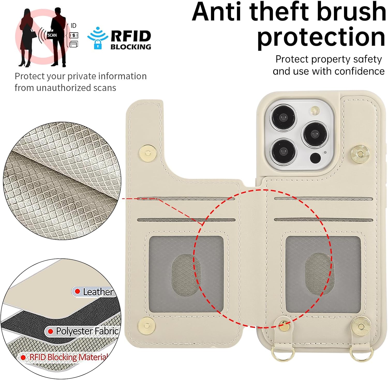 for iPhone 12/12 Pro Wallet Case with Card Holder Slots and Strap, RFID Blocking Magnetic Flip Folio Cover, Crossbody Purse Protection Case with Kickstand,Beige Diamond - Image 6