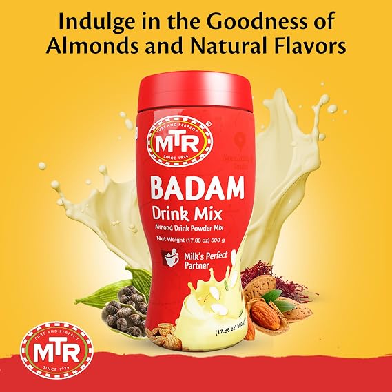 MTR Almond Milk Drink Mix Premium Unsweetened Almond Milk with Saffron & Cardamom, Almonds, Authentic Indian Flavor, Multi-Purpose Drink Mix for Desserts & Beverages, Quick & Easy Preparation 500g