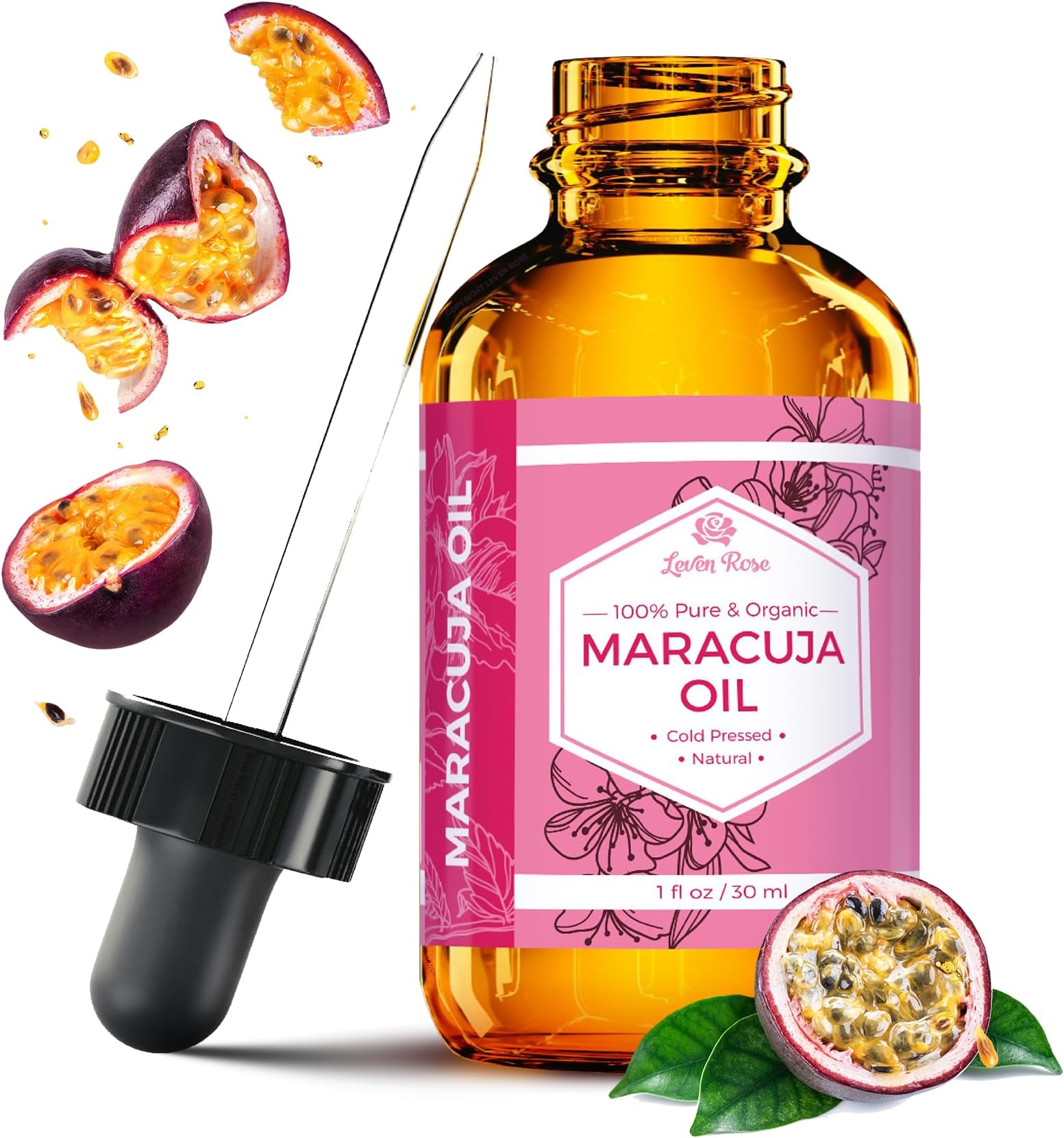 Leven Rose Maracuja Oil by , Passion Fruit Seed Oil 100% Natural Moisturizer for Hair Skin and Nails 1 oz