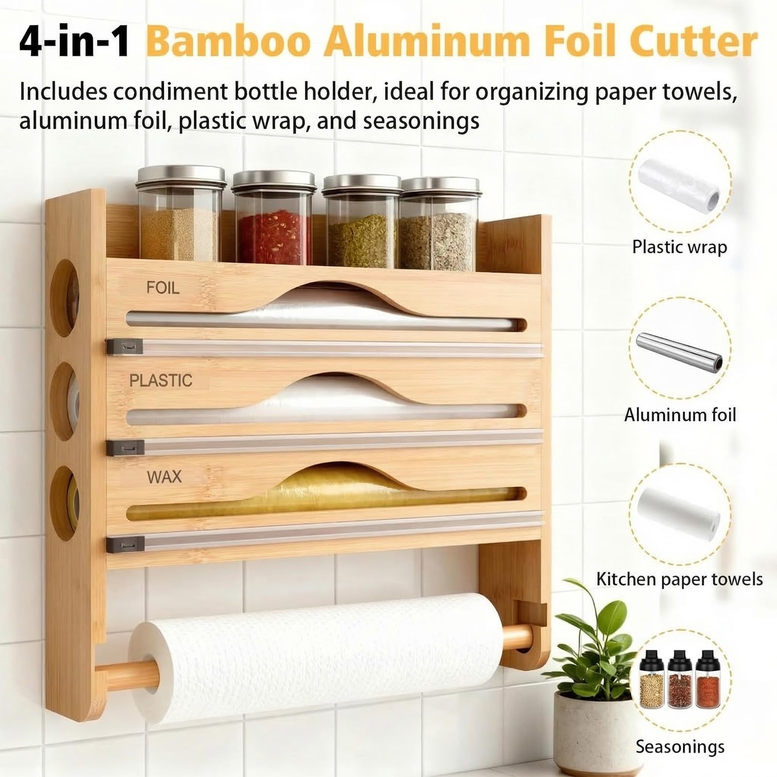 Dispenser di pellicola con taglierino,porta pellicola per cucina,pellicola di alluminio di bambù e pellicola trasparente organizer con coltello da taglio