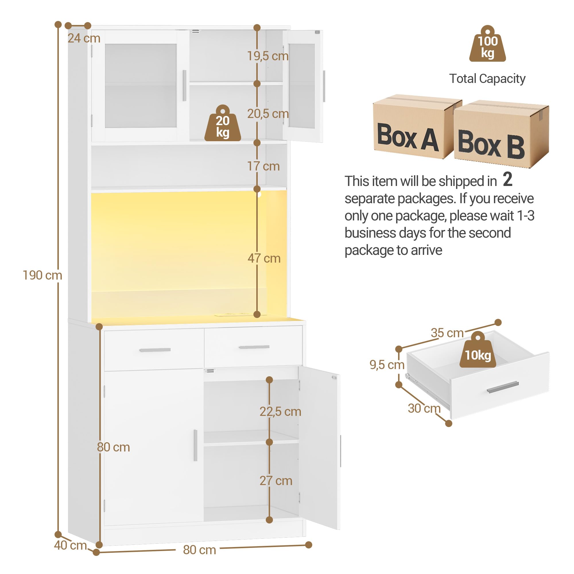 Hzuaneri Buffet, Meuble Cuisine Haut à 2 tiroirs, Meuble de Rangement avec multiprise et éclairage LED, 2 Portes vitrées, Cuisine, Salon, 40 x 80 x 190 cm, Blanc, PT10203XEU