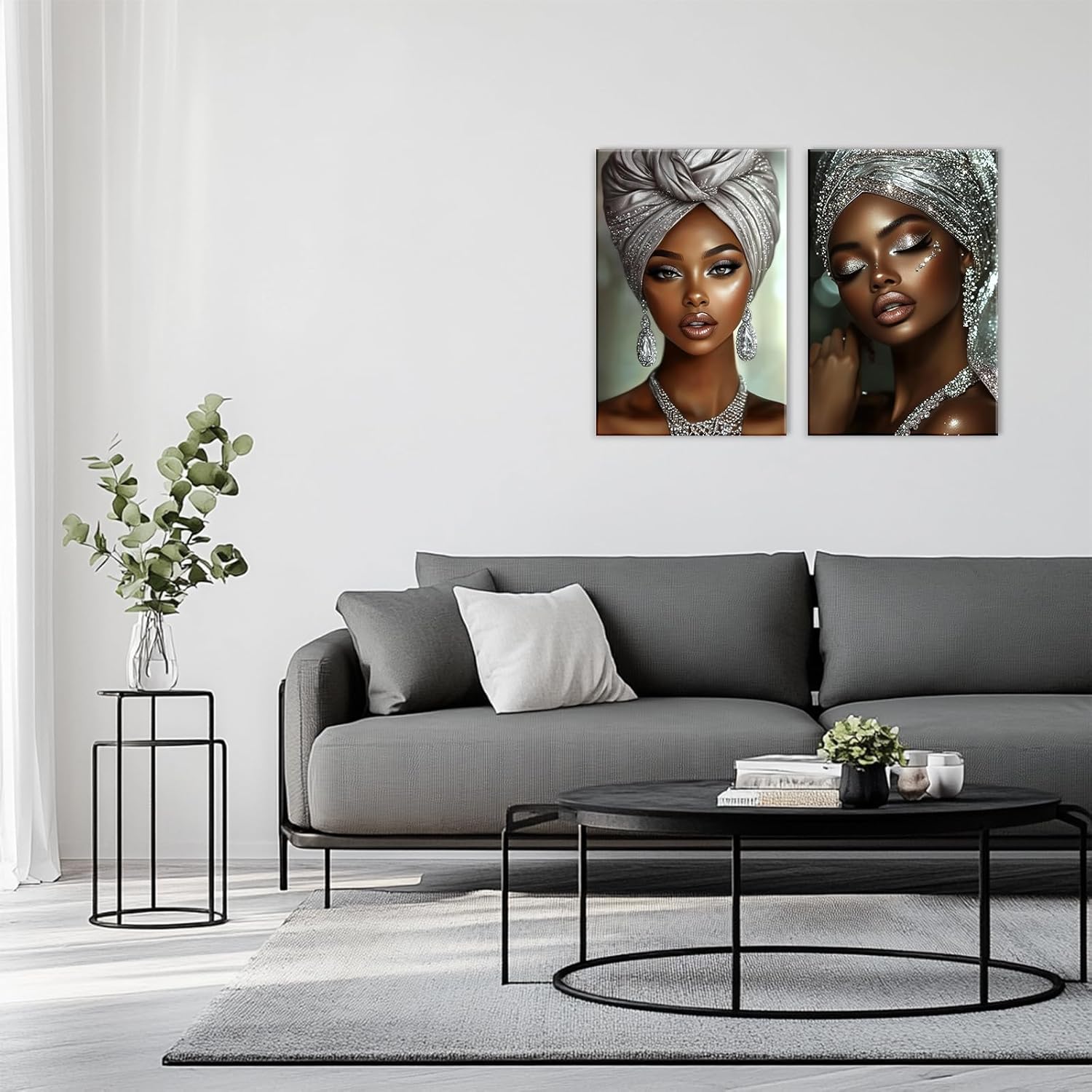 African American Wall Art 2 Panel Black Woman Portrait Painting Elegant Silver Tone Canvas Art Framed Modern Artwork for Living Room Bedroom(Artwork-1,12"x16"x2pcs)