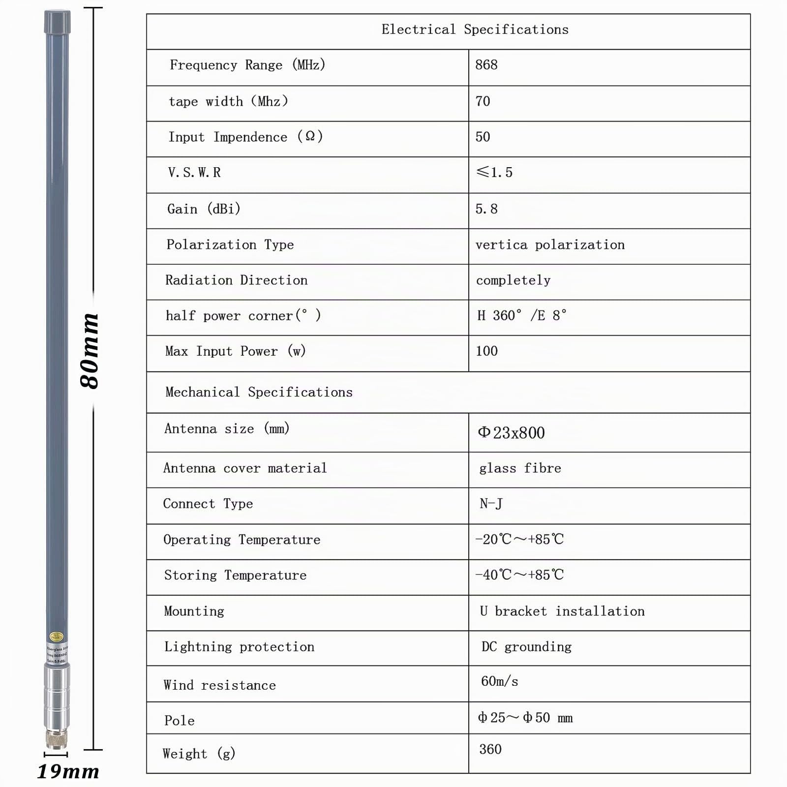 868MHz Lora Antenne 5.8dBi Outdoor Fiberglas Lorawan Antenne