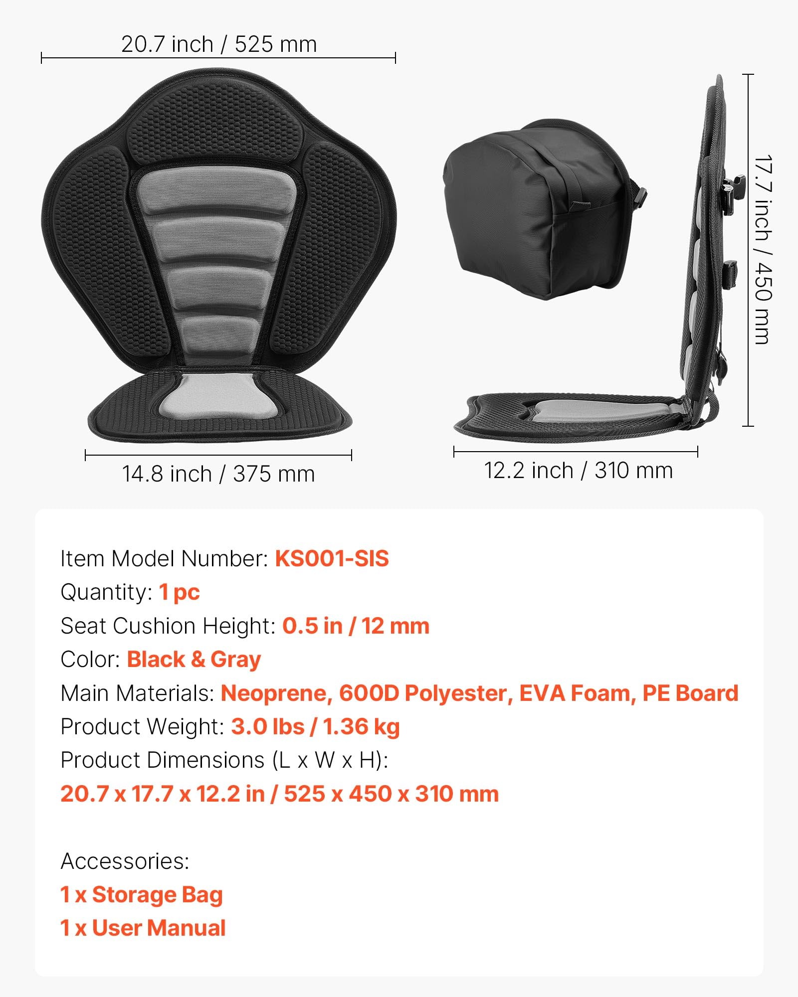 VEVOR Asiento Acolchado para Kayaks 1 Pieza, Asiento de Canoa con Respaldo Grosor de 12 mm, Cojín de Kayak con Bolsa de Almacenamiento y Correas Ajustables para Bote de Pesca, Tabla de Paddle