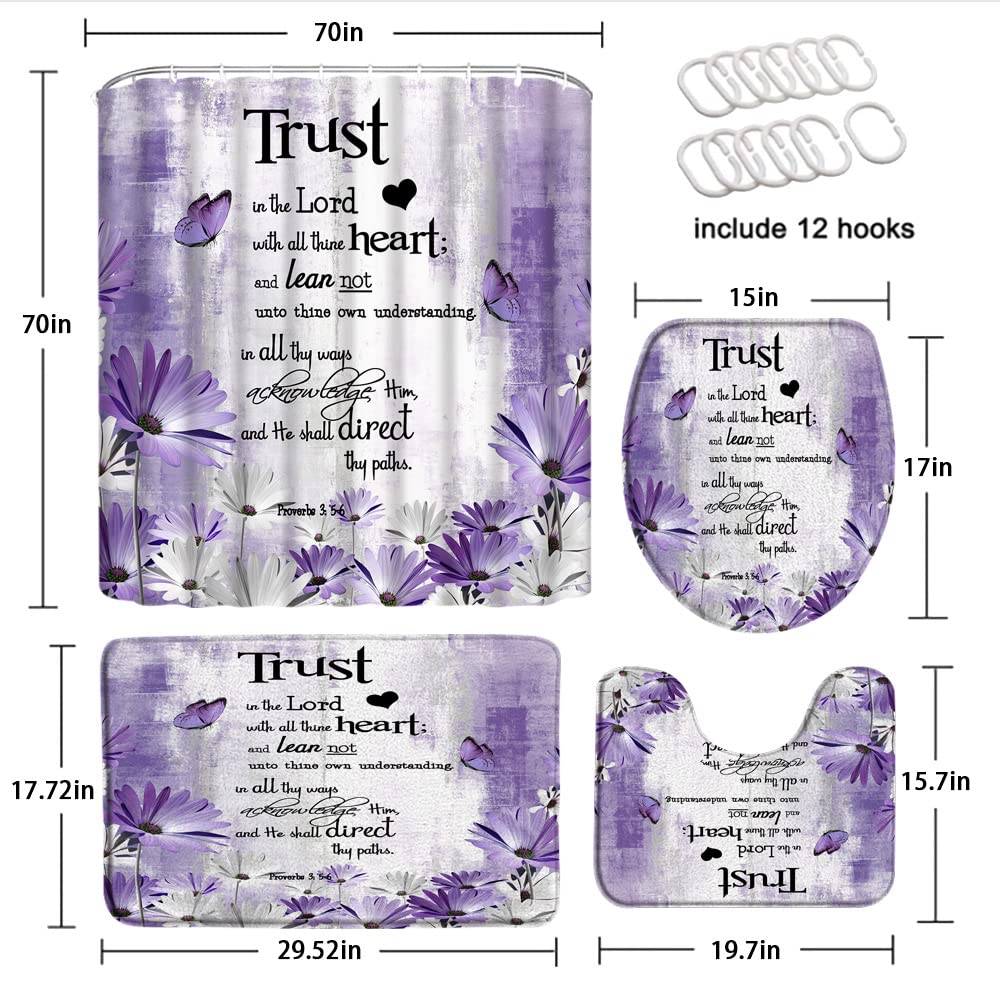 4 Piece Purple Grey Flower Shower Curtain Sets with Rugs, Toilet Lid Cover , Rustic Daisy Butterfly Inspirational Quotes Trust in The Lord Verse Farmhouse Art Bathroom Shower Curtain with 12 Hooks