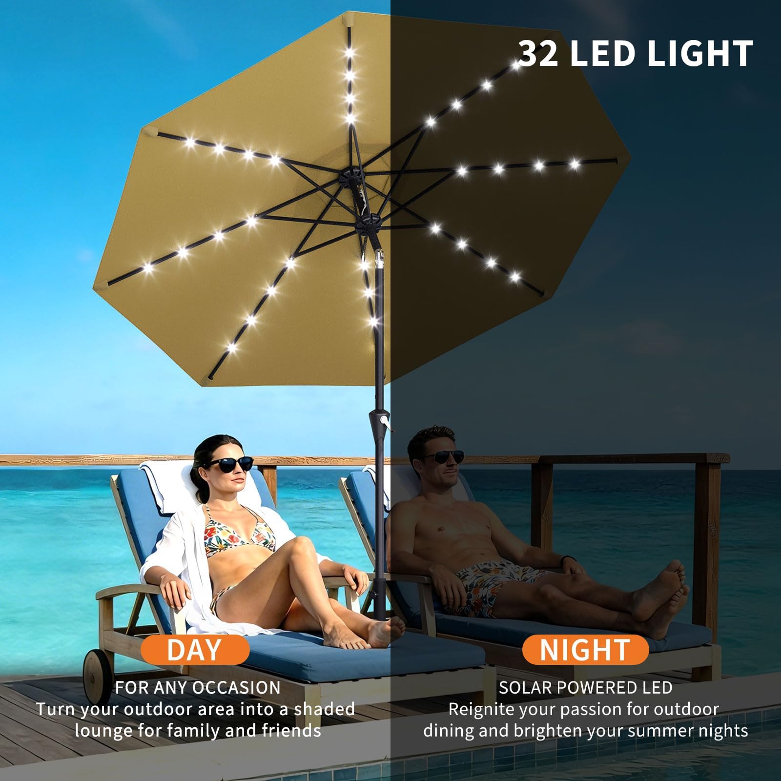 Solar-Sonnenschirm 305 cm, 32 LED-Leuchten solarbetrieben, UV-Schutz 50+, wasserabweisend, Kurbel, neigbar, 8 robuste Eisenrippen, Marktschirm für Terrasse, Pool, Garten, Bräunen