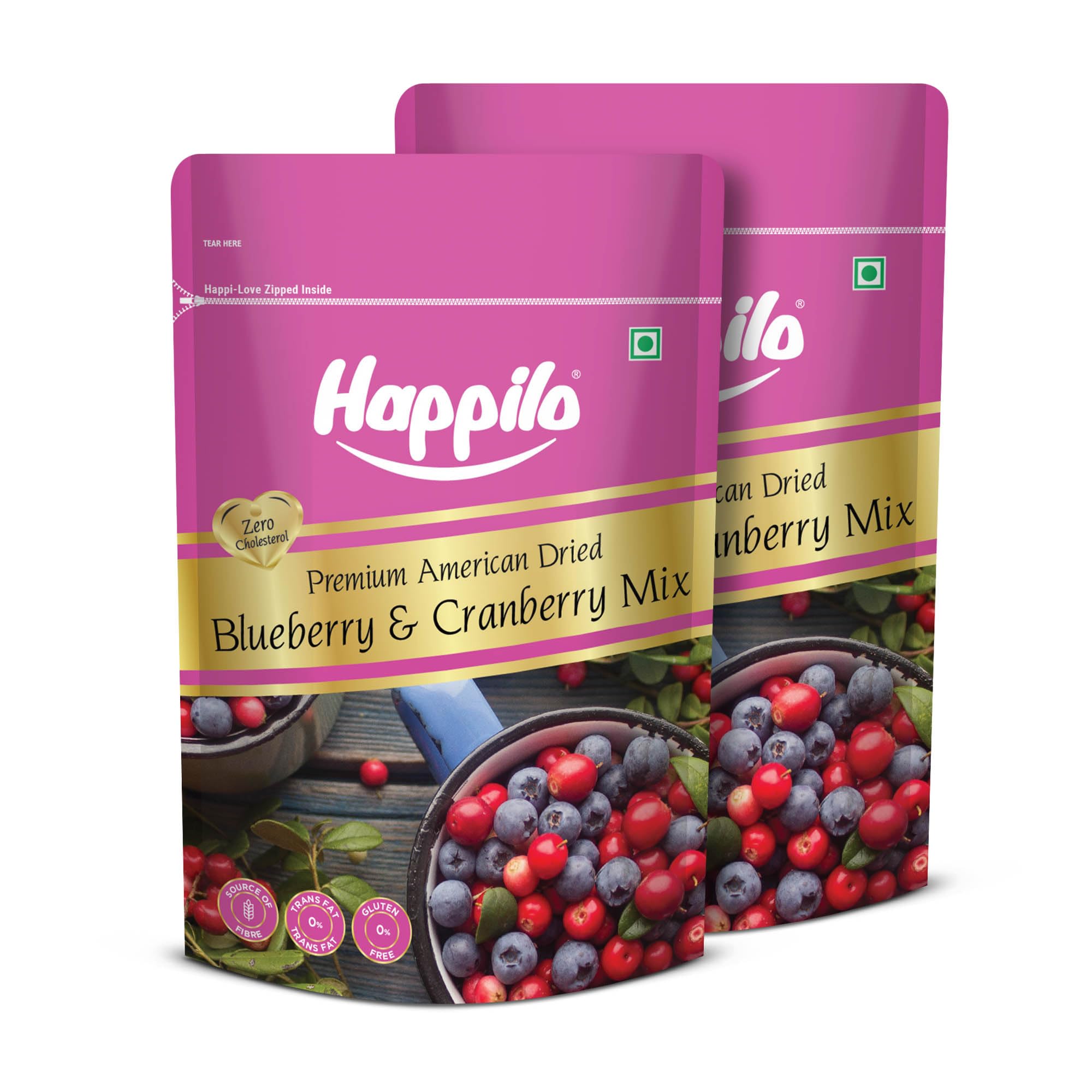 Happilo Premium American Dried Whole Blueberry Cranberry Duet 400g | Healthy Snacks, Dry fruits|Dried Cranberries & Blueberries Mix | Natural | Low Calorie Snack