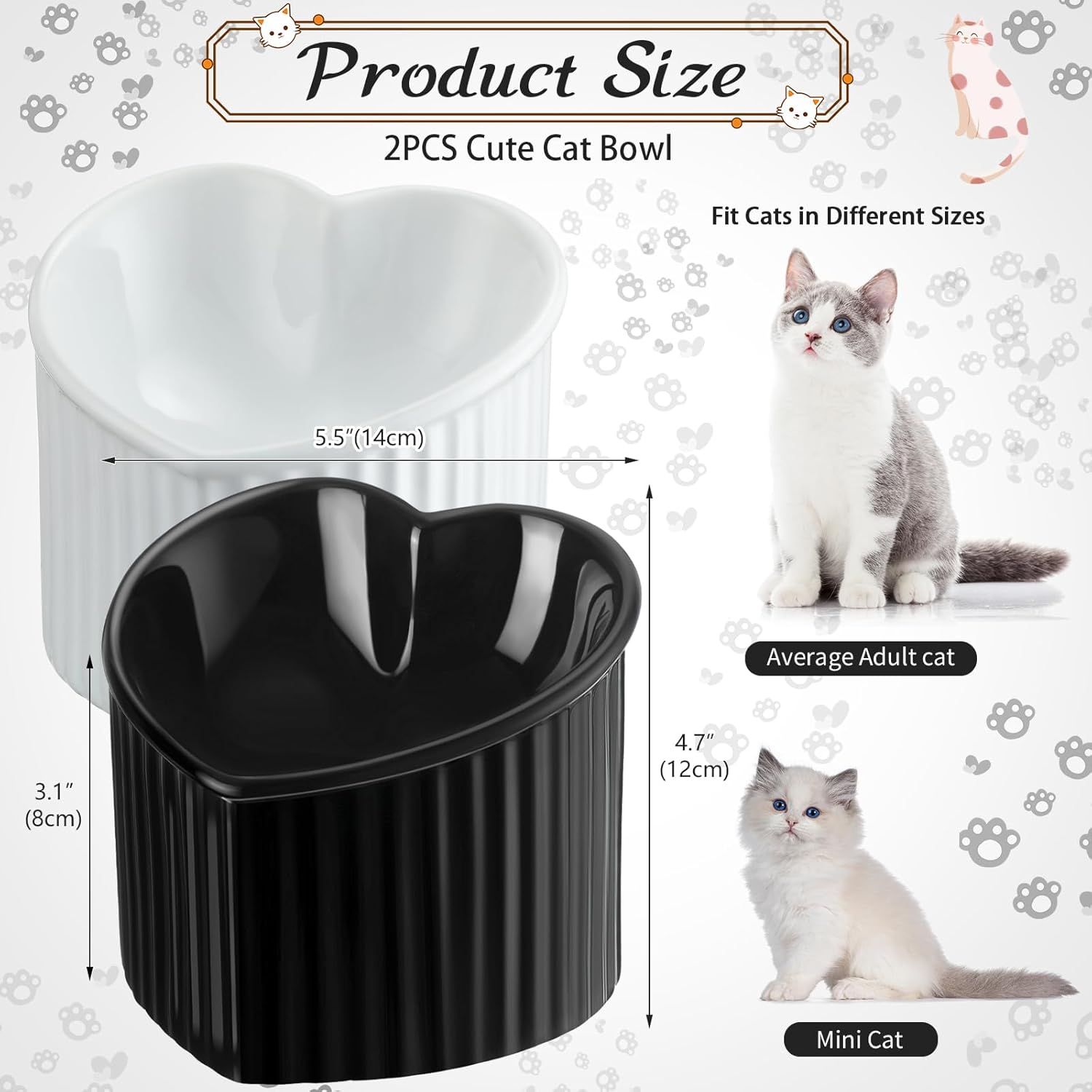 Mumufy 2 Pcs Ceramic Elevated Cat Bowls Tilted Elevated Raised Pet Bowls Anti Vomit Cat Dish for Indoor Stress Free Water Dish Feeder for Puppies, Heart Shaped(Pearly White, Black)