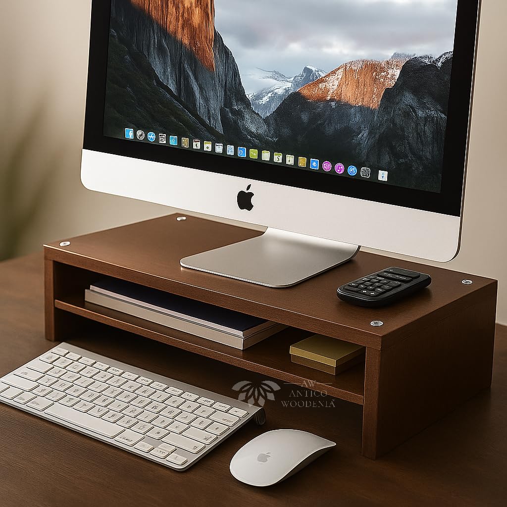 ANTICO WOODENIA Wooden Monitor Stand with Storage Organizer For Desk, Tables, Office, Home, Studio, Study Table | Desktop Ergonomic Monitor Stand Riser (Rosewood Brown, Large)