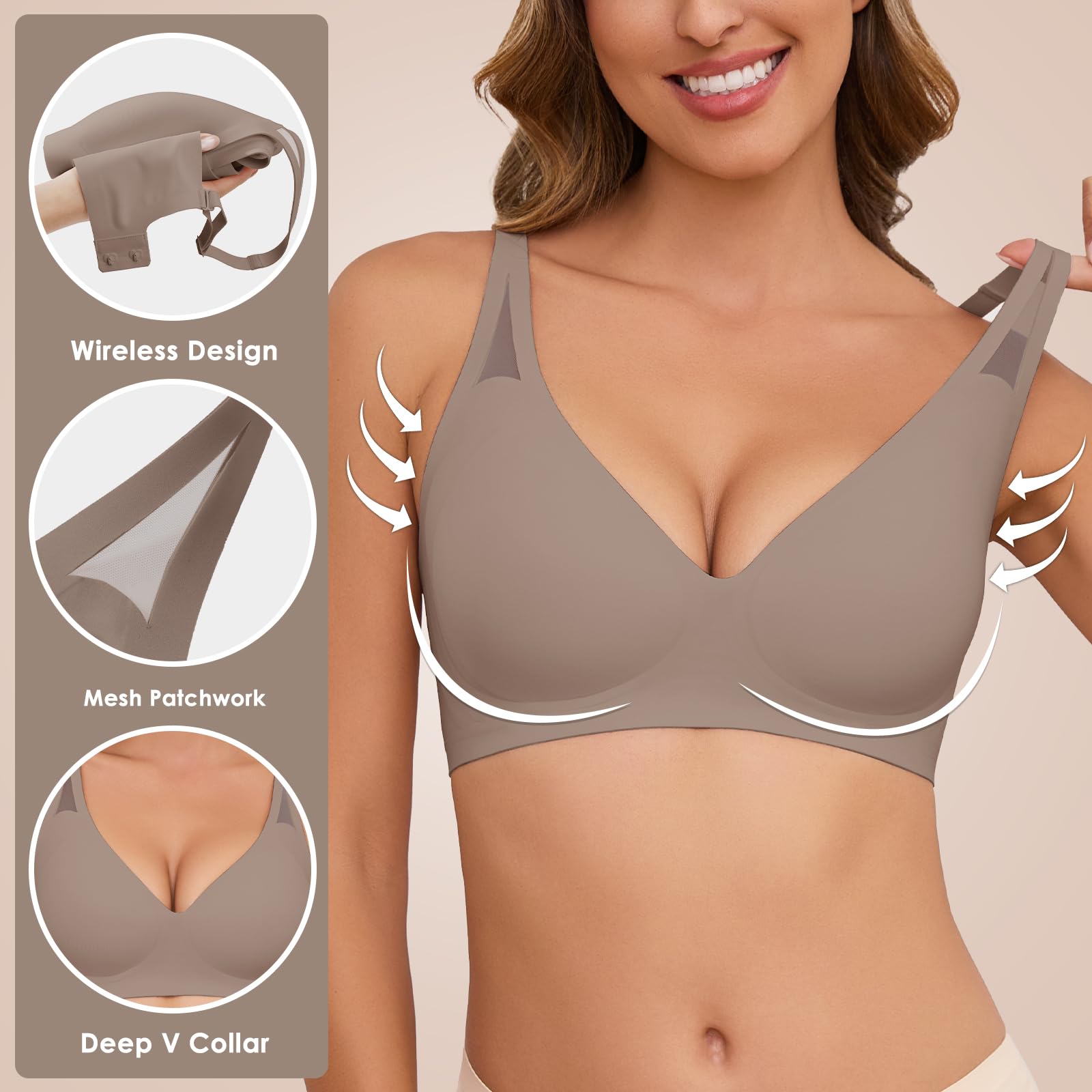 Xnova Donna Reggiseno Senza Ferretto Morbido Imbottito Push Up Reggiseni Senza Cuciture Minimizer Traspirante Bralette con Scollo a V Coppa Piena